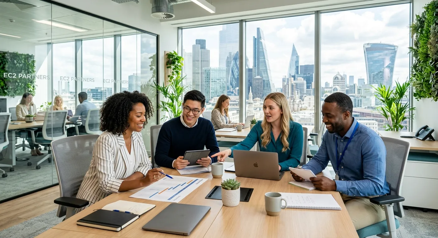 Modern, professional office environment in London's financial district (EC2). A diverse team of office assistants collaborating in a bright, open-plan workspace with glass partitions, plants, and city views. Style: Professional stock photo, bright and aspirational.
