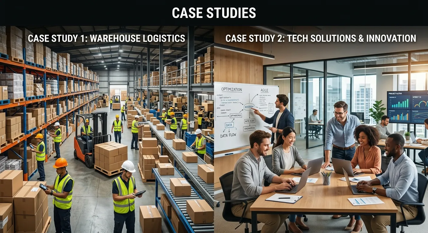 A split-screen graphic showing a bustling warehouse on one side and a professional tech team in a modern office on the other, symbolizing the two case studies.