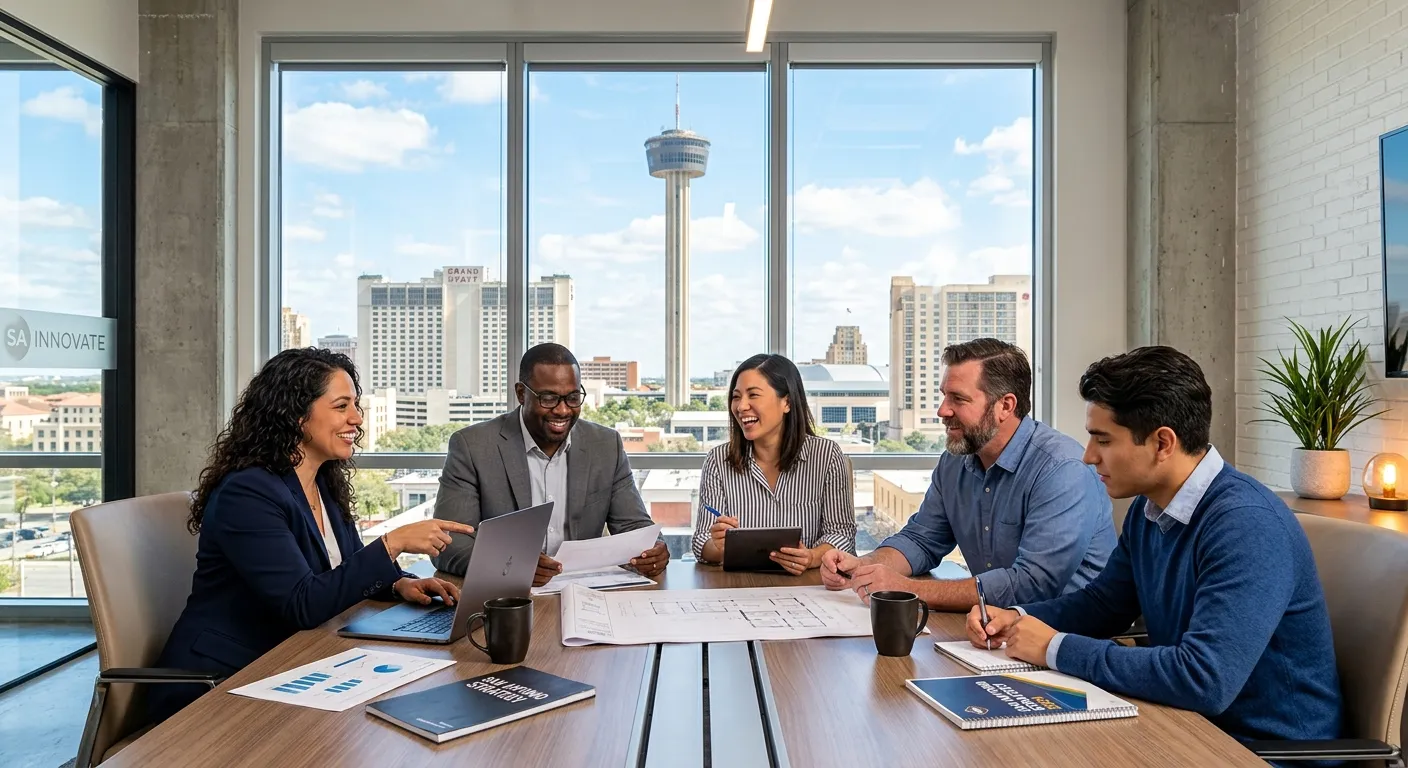 A professional, high-contrast photo of a diverse group of professionals collaborating in a modern San Antonio office, with the city's skyline (featuring the Tower of the Americas) visible through a window. Style: Vibrant, optimistic, and professional. Mood: Dynamic, successful, and forward-thinking.