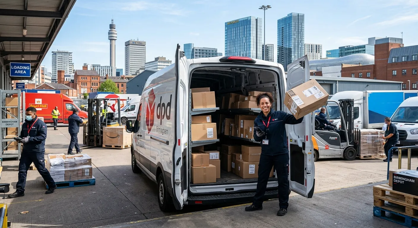 Professional photograph of a friendly, uniformed multi-drop driver loading a modern van in a bustling Birmingham city centre depot, focusing on efficiency and reliability. Bright, clear day.