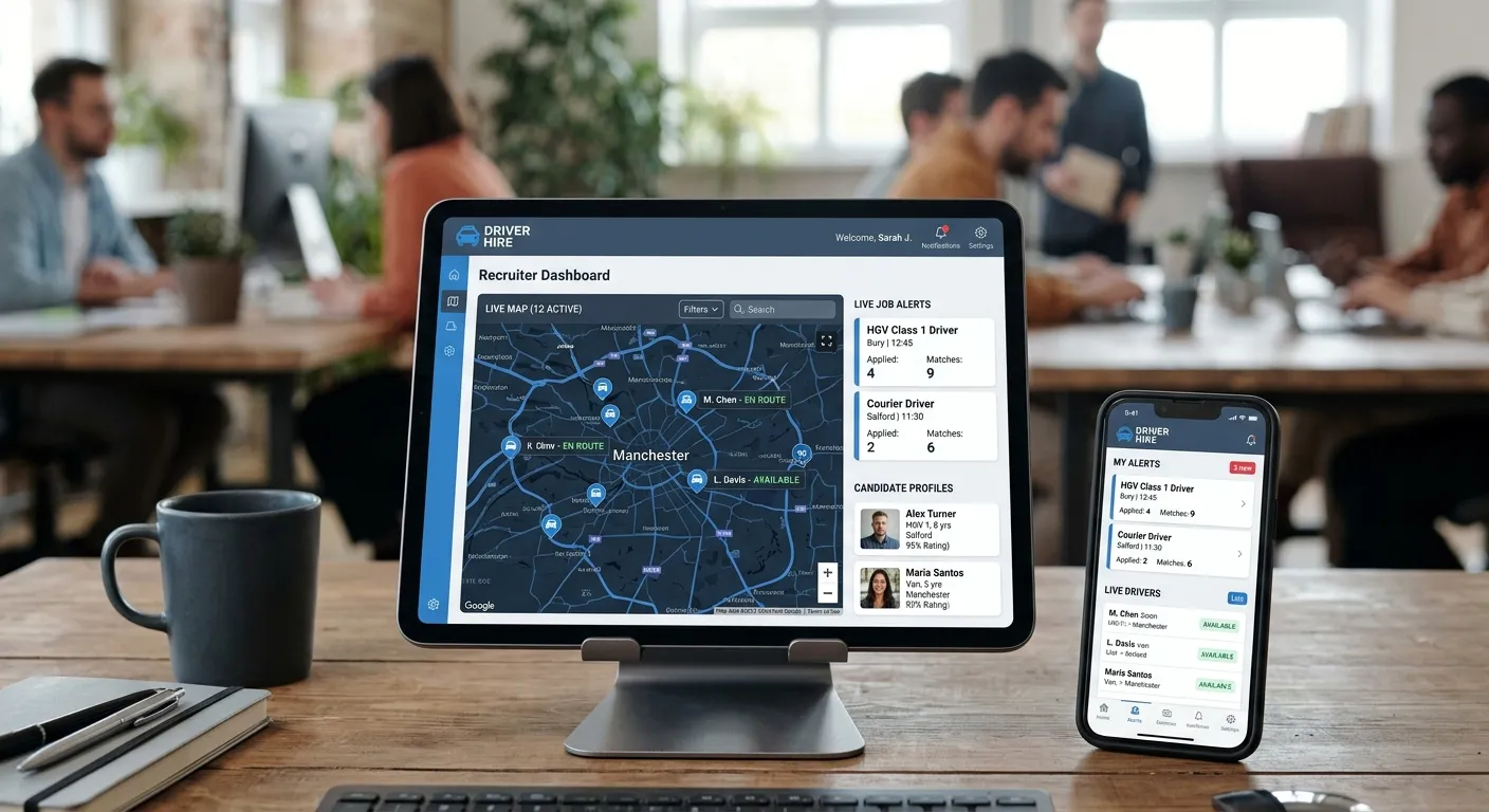 A modern, professional dashboard view of a Driver Hire App on a tablet and smartphone, showing a map with driver locations, job alerts, and candidate profiles. Style: Clean, tech-focused, with a blue and slate color scheme matching the brand.