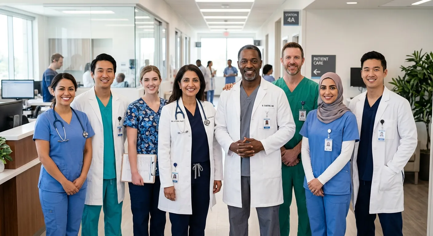 A diverse group of professional healthcare workers in scrubs and lab coats, smiling confidently in a modern, well-lit clinic or hospital setting. Style: Professional, warm, and trustworthy. Mood: Collaborative and competent.