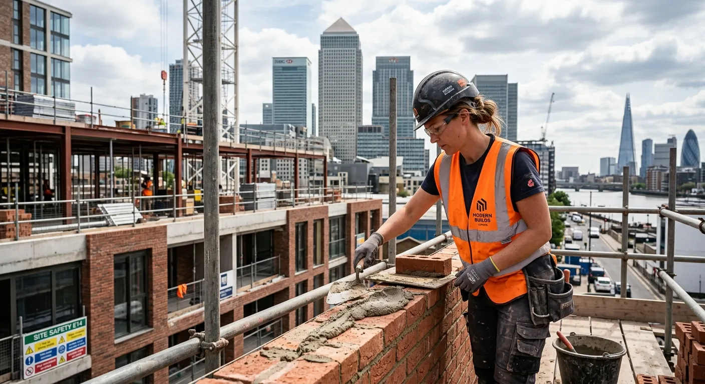 A professional, high-resolution image of a skilled bricklayer at work on a modern construction site in London E14, using a trowel to apply mortar with Canary Wharf towers visible in the background. The image should convey professionalism, skill, and the dynamic urban environment.