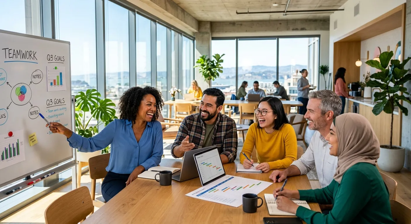 A diverse group of professionals in a modern California office setting, smiling and collaborating. T... A diverse group of professionals in a modern California office setting, smiling and collaborating. The image is bright, optimistic, and conveys dynamic teamwork.