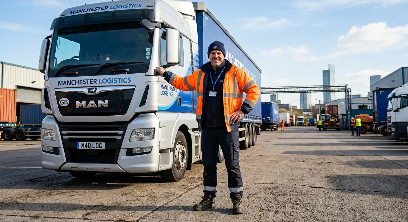 A professional, confident HGV Driver in high-visibility clothing, standing next to a modern articulated lorry in an industrial yard in Manchester, looking directly at the camera. Bright, clear day, professional mood.
