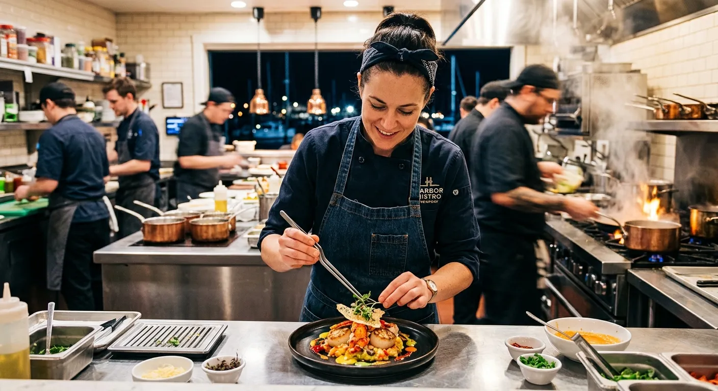 Professional, high-energy photo of a chef in a busy commercial kitchen in Newport, expertly plating... Professional, high-energy photo of a chef in a busy commercial kitchen in Newport, expertly plating a dish. Style is modern, vibrant, and aspirational, showing a skilled professional at work.