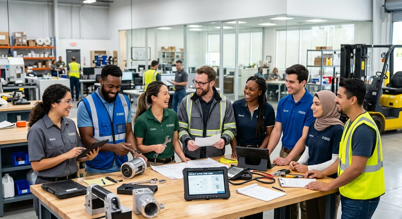 A diverse group of professional temporary workers in a modern office or light industrial setting, sm... A diverse group of professional temporary workers in a modern office or light industrial setting, smiling and collaborating. Style is professional, bright, and energetic, conveying reliability and teamwork.