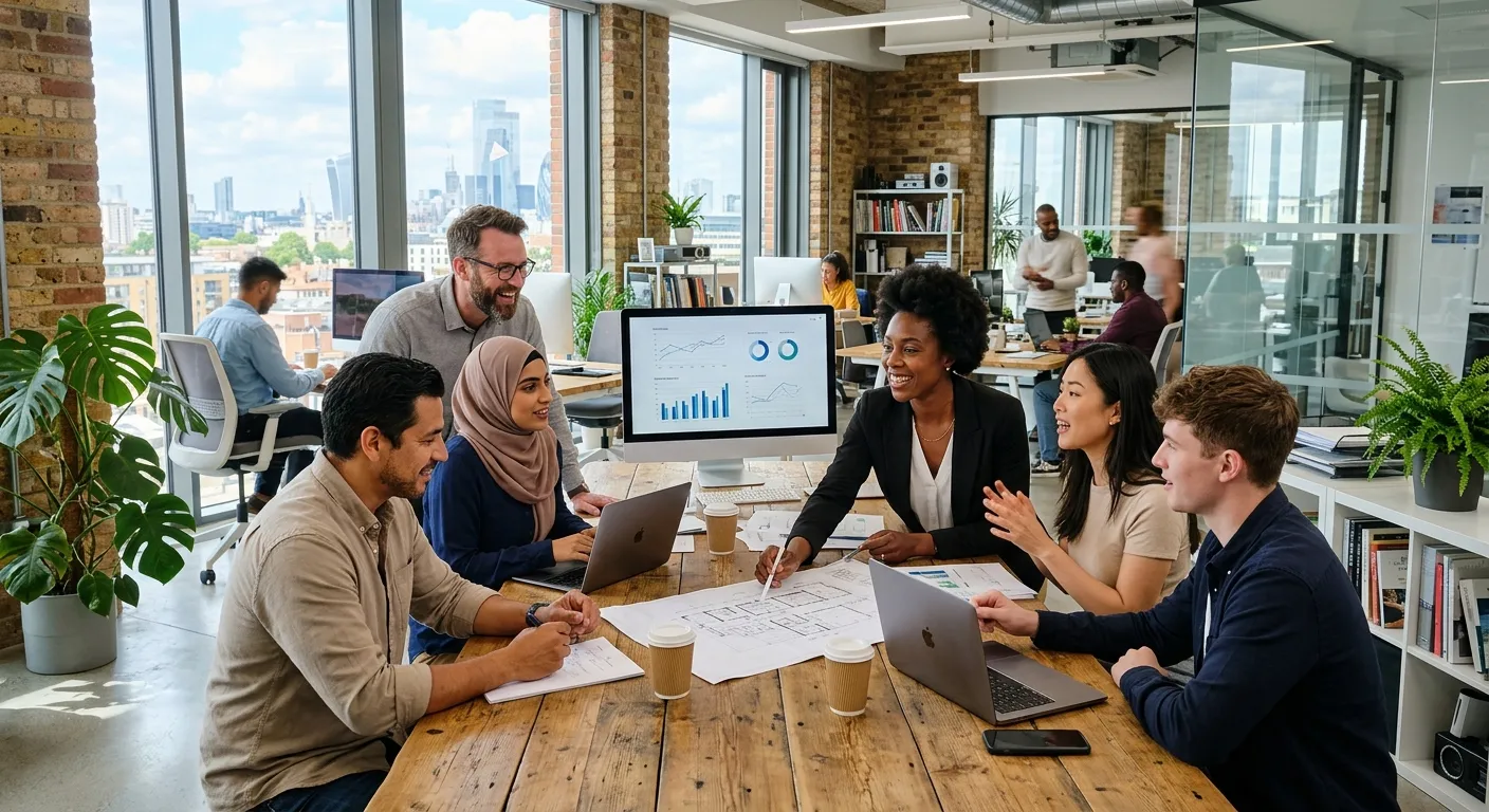 A diverse group of modern professionals collaborating in a bright, open-plan office. The image should convey energy, flexibility, and professional partnership. Style: Corporate, high-resolution, optimistic mood.