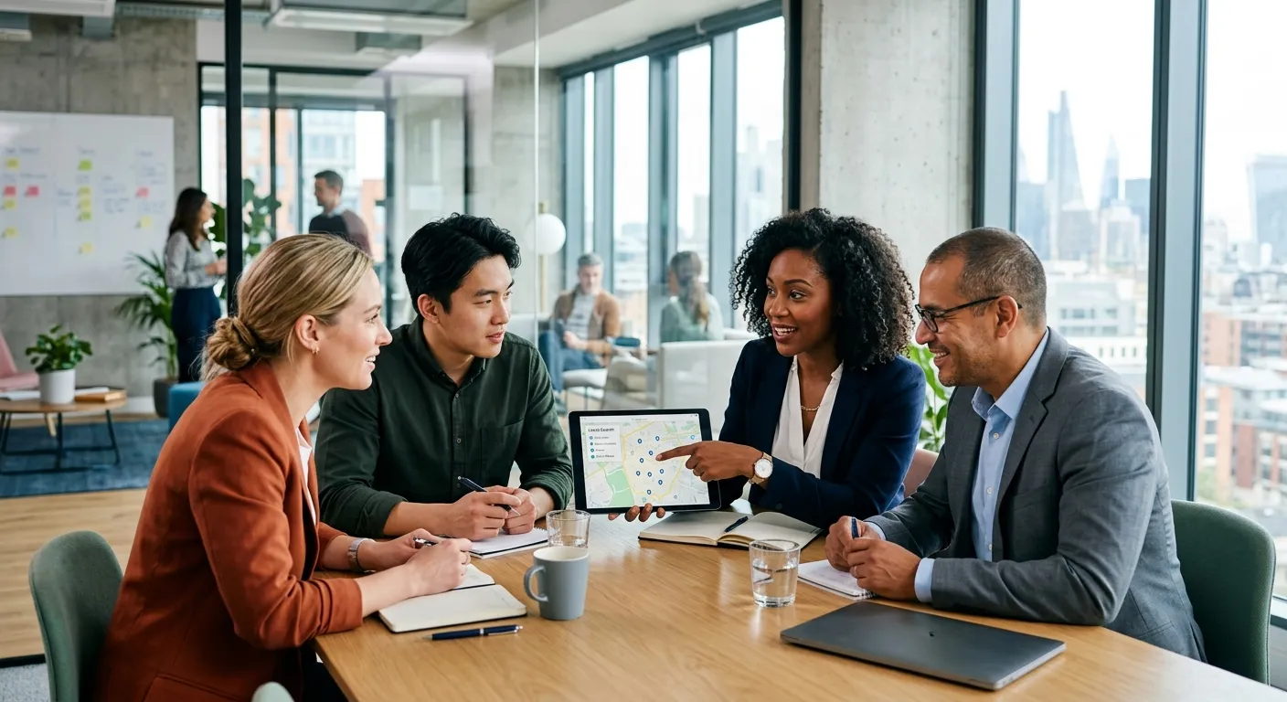 A professional, high-contrast photo of a diverse group of business professionals collaborating in a modern office. One person is pointing to a map on a tablet screen, symbolizing local search. Style: Bright, crisp, professional corporate photography. Mood: Energetic, collaborative, and solution-oriented.