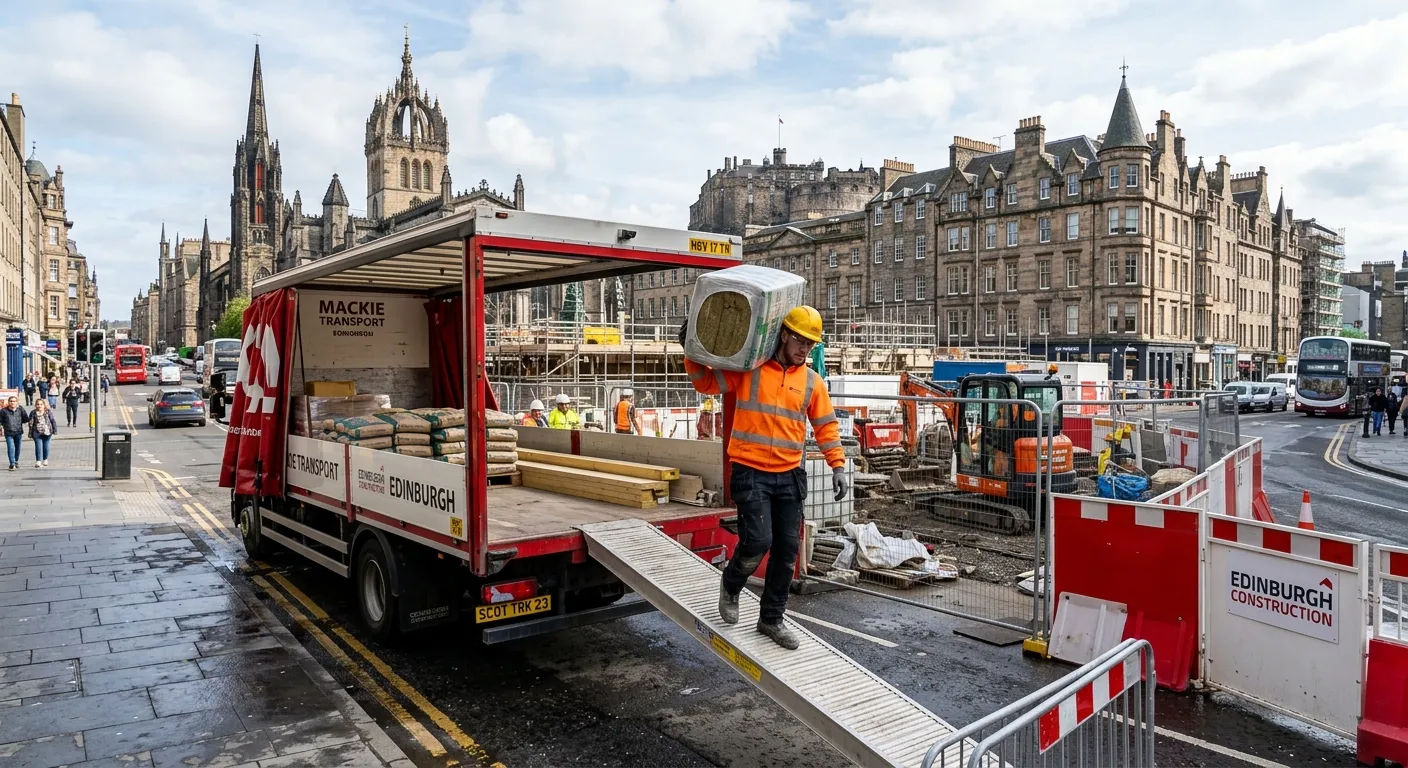 A construction labourer in high-visibility clothing safely unloading materials from a truck at a busy Edinburgh city-centre building site, with historic buildings in the background.