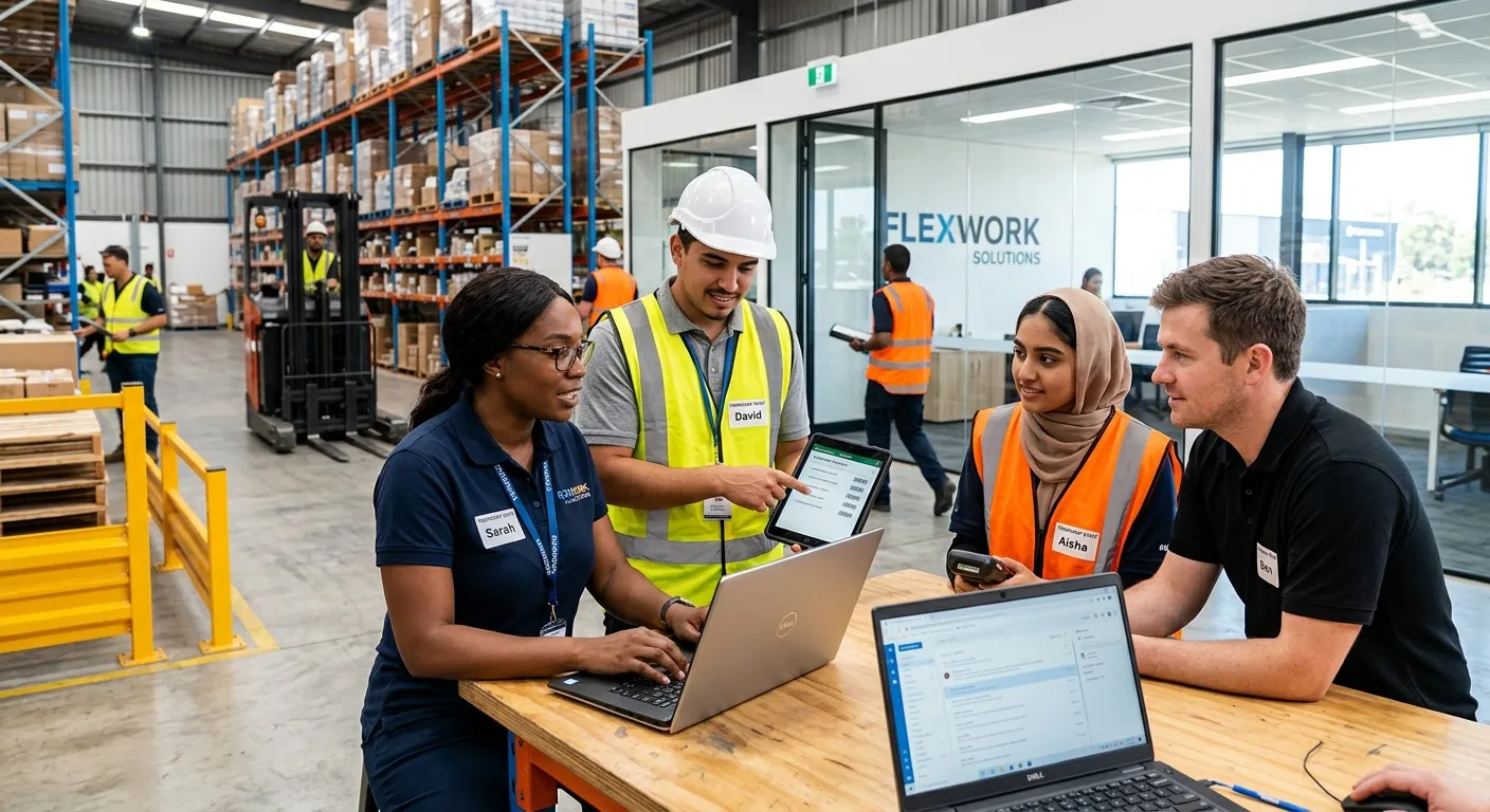 A dynamic, professional photo of a diverse group of temporary workers collaborating in a modern office and warehouse hybrid environment. One person is on a laptop, another is checking inventory on a tablet. Style: Bright, energetic, and professional. Mood: Productive, flexible, and forward-thinking.