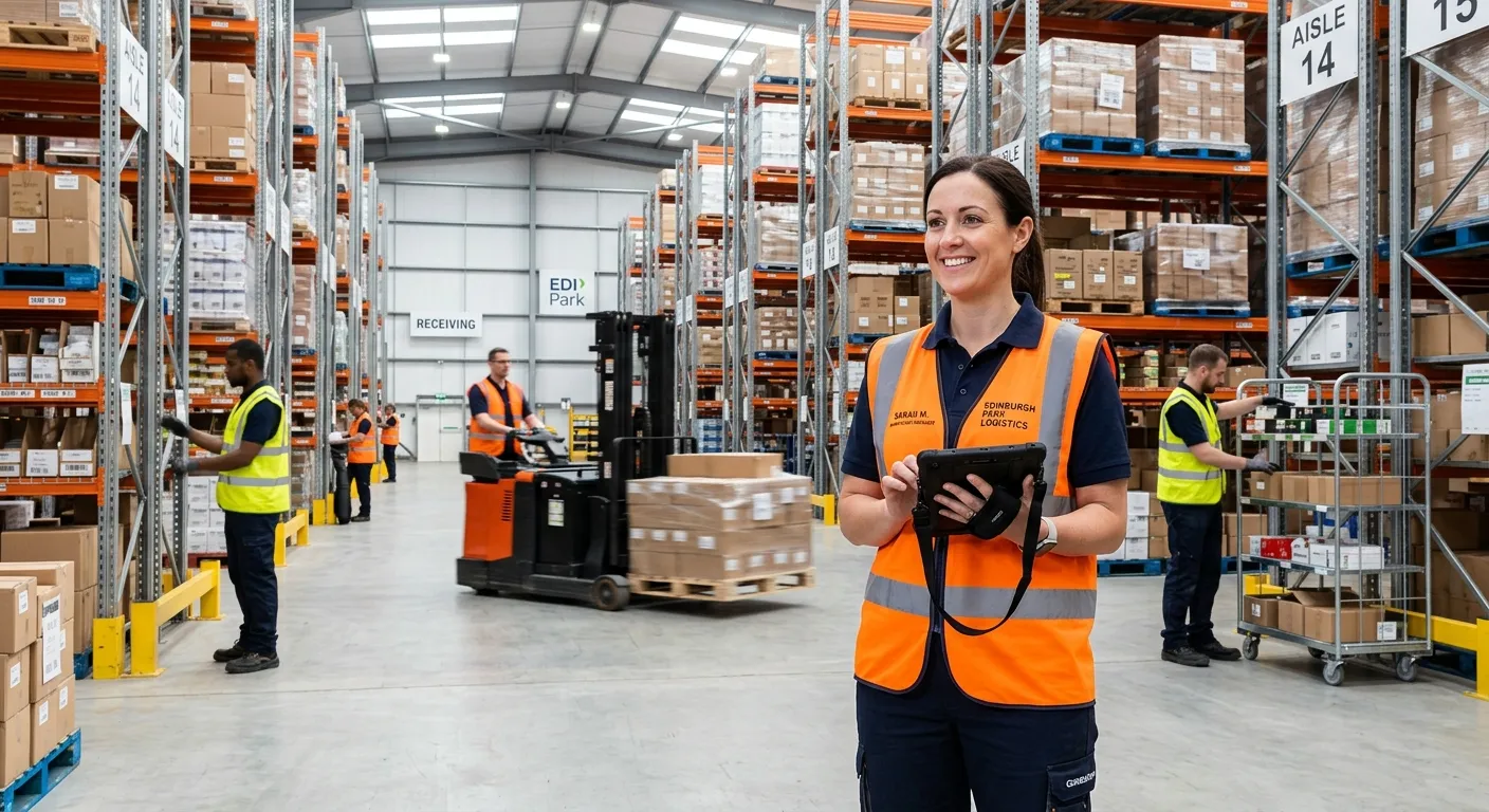 A professional, dynamic image of a modern warehouse manager in high-vis clothing, using a tablet to... A professional, dynamic image of a modern warehouse manager in high-vis clothing, using a tablet to check inventory in a clean, organised warehouse facility in Edinburgh Park. The manager is smiling, looking confident and in control, with other warehouse operatives working efficiently in the background. The style is realistic, bright, and conveys professionalism and opportunity.