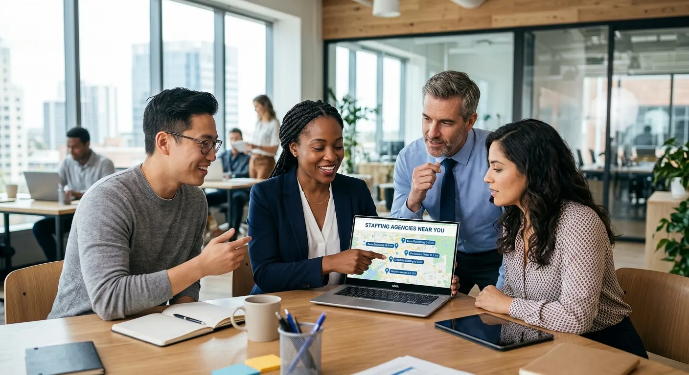 A professional, diverse group of business professionals in a modern office, looking at a laptop screen showing a map with