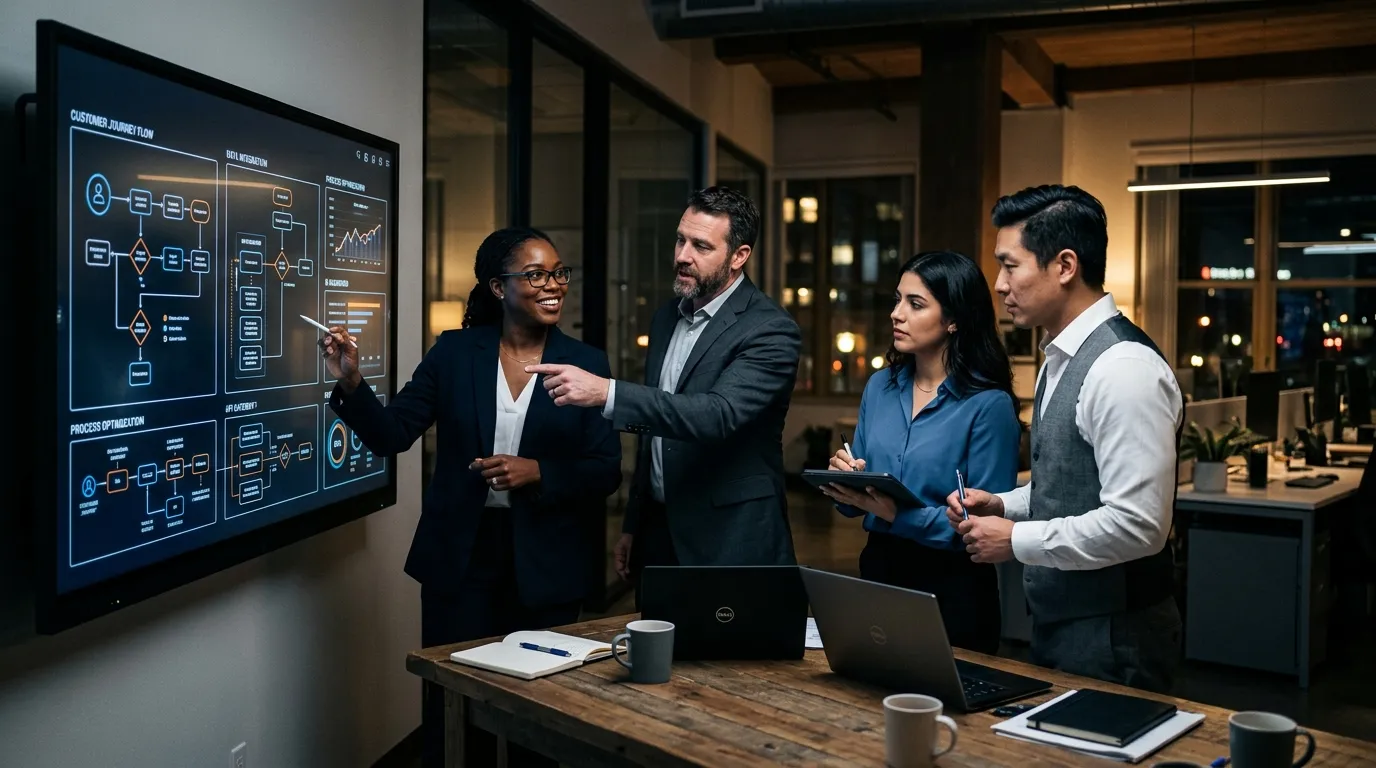 A professional, high-contrast hero image showing a diverse team of business analysts in a modern office setting, collaborating around a digital screen displaying data flowcharts and process diagrams. Moody lighting with sharp focus on the team.